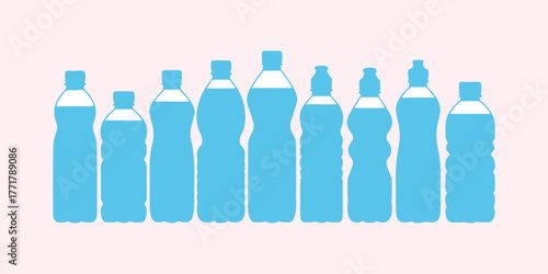 Illustration of a plastic water bottle in vector format, showcasing a blank nature blue design. It's clean and represents fluid aqua. This is a silhouette template for various uses. A set of bottles i