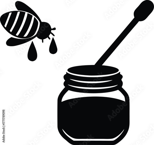 Honey dipper dripping honey into a jar with bee icon nearby silhouette vector illustration