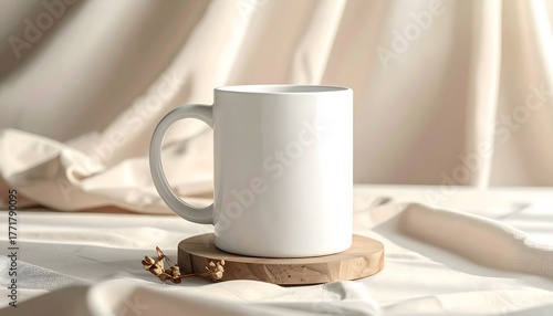 White Ceramic Coffee Mug on Wooden Coaster with Draped Fabric Background.