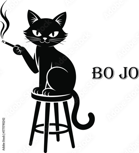 Black cat sitting on stool smoking cigarette with text vector.