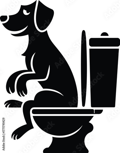 Black dog sitting on toilet funny design.
