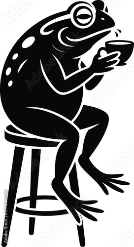 Black frog sitting on stool drinking tea from cup.