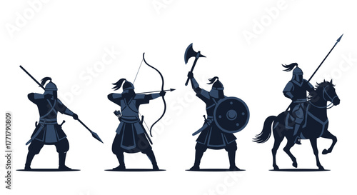 Four warriors: a spearmen, an archer, an axeman with shield, and a mounted lancer are silhouetted in a static, combative formation.