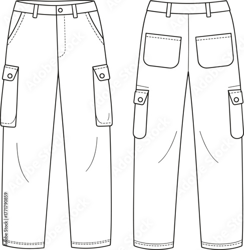 Vector cargo pants illustration, front and back view, flap pocket detail, button and zipper closure, fashion CAD template, garment construction reference, sewing pattern sketch