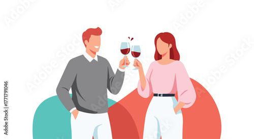 Romantic couple toasting with wine glasses against an abstract background, celebrating with joy and happiness.