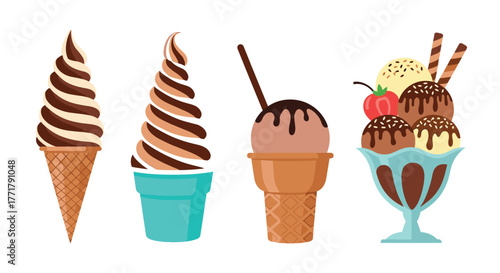 A collection of four different ice cream desserts, including cones and a sundae, presented on a white background.