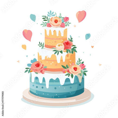 Happy birthday cake with burning candles and colorful balloons design illustration for a sweet party celebration dessert gift card featuring a pink chocolate cream cartoon vector bakery decoration
