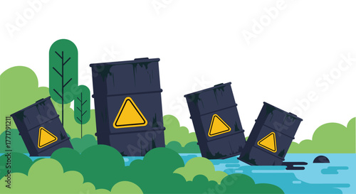 Environmental pollution from leaking barrels of hazardous waste in a natural landscape.
