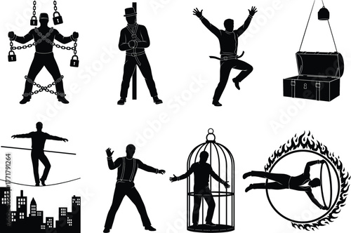Magic escape silhouette, circus stunt poses, black illustration, performer in chains, fire hoop, tightrope, birdcage, card trick, illusion art