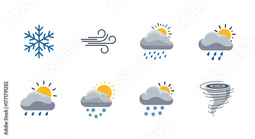 Weather icons depicting a variety of conditions, from sunshine to severe storms, for meteorological and forecast use, on a white background.