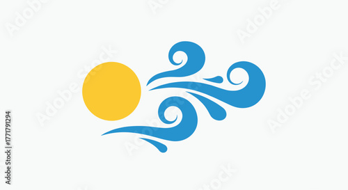 Stylized illustration of a bright yellow sun with swirling blue wind currents against a white background.