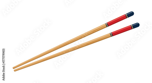 Wooden chopsticks isolated on white background, angled with decorative red and blue accents near the top, ready for dining.