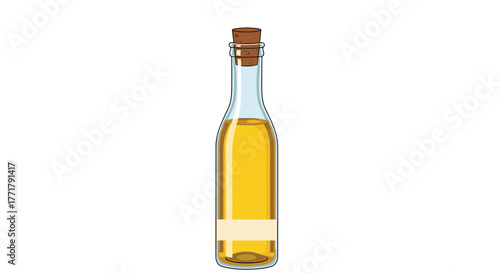 Clear glass bottle with yellow liquid and a cork stopper sits on a white background.