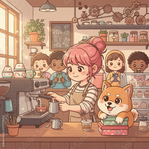 Happy Coffee Shop A Warm Gathering of Friends and a Shiba Inu
