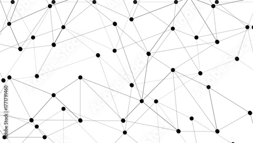 Abstract minimalistic geometric network pattern with thin black lines connecting small black dots. Web of interconnected nodes and edges. Connectivity, communication, structure, and digital linkage.