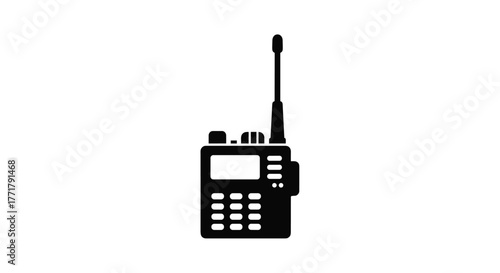 Black icon of a walkie-talkie with an antenna and keypad on a white background.