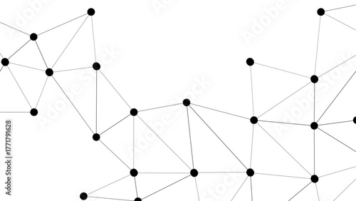 Abstract minimalistic geometric network pattern with thin black lines connecting small black dots. Web of interconnected nodes and edges. Connectivity, communication, structure, and digital linkage.