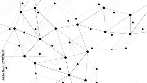 Abstract minimalistic geometric network pattern with thin black lines connecting small black dots. Web of interconnected nodes and edges. Connectivity, communication, structure, and digital linkage.