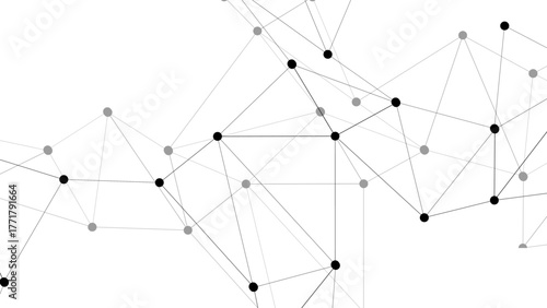 Abstract minimalistic geometric network pattern with thin black lines connecting small black dots. Web of interconnected nodes and edges. Connectivity, communication, structure, and digital linkage.