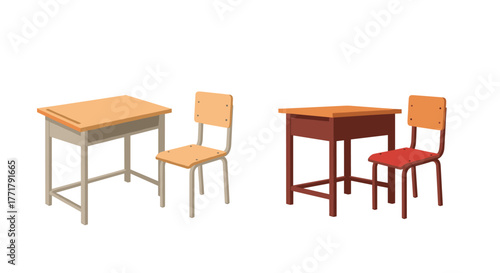 Two sets of student desks and chairs isolated on a white background, representing education and school furniture.