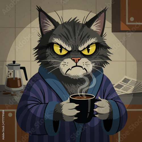Grumpy Cat in Robe Sipping Coffee A Morning Routine Illustration