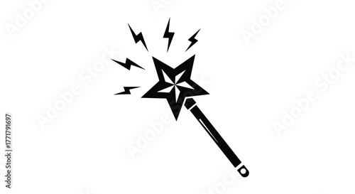A black and white illustration of a magic wand with a star on top emitting lightning bolts.