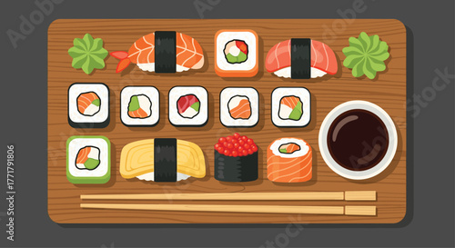Assorted Japanese sushi platter with nigiri, maki rolls, and gunkan maki, beautifully arranged on a wooden board alongside wasabi, soy sauce, and chopsticks.