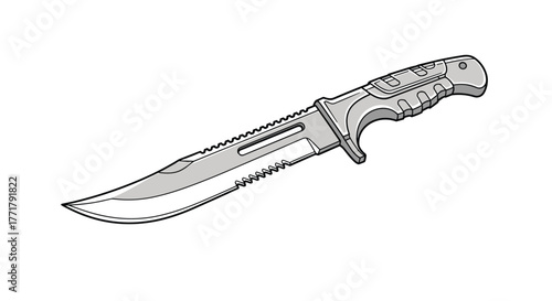 Illustration of a modern hunting knife with a serrated blade and ergonomic handle on a white background, perfect for outdoor activities or survival scenarios, showcasing sharpness and craftsmanship.