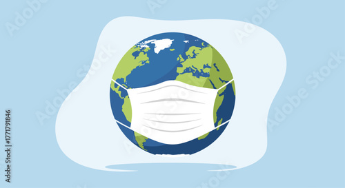 Illustration of the Earth wearing a white medical face mask to represent global health concerns.
