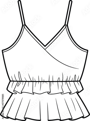 Vector sleeveless top illustration, spaghetti strap design, wrap bodice detail, cinched waist, layered ruffle hem, fashion CAD template, garment construction reference, sewing pattern sketch