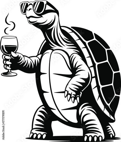 Cool tortoise holding wine glass with steam sunglasses. Tortoise, Wine, Glass, Sunglasses.