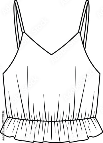Vector sleeveless top illustration, spaghetti strap design, V‑neckline detail, gathered bodice, ruffled hem finish, fashion CAD template, garment construction reference, sewing pattern sketch