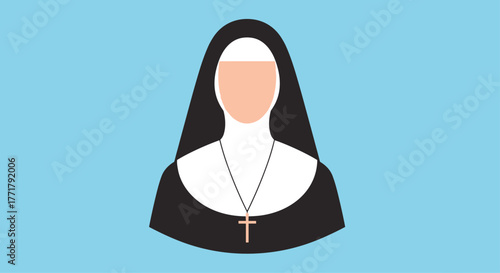 Illustration of a nun wearing a habit and a crucifix on a light blue background, representing faith and religion.
