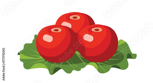 Illustration of three vibrant red berries nestled on fresh green leaves, symbolizing health and natural goodness.