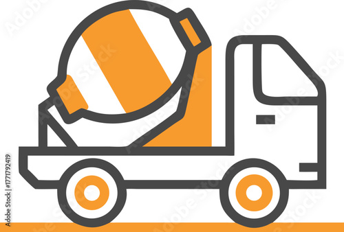 Concrete mixer truck icon for construction and building industry digital illustration with orange and gray color scheme minimal line drawing style
