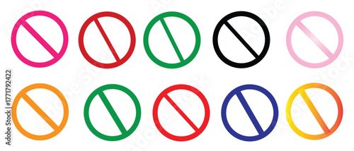 Colorful prohibition symbol set  vector no entry and restriction signs in various colors for warning, safety design, attention notice, and modern graphic illustration.