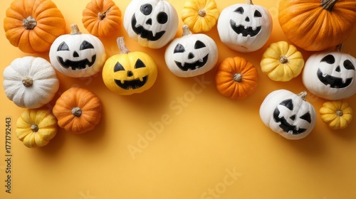 A vibrant banner features a variety of pumpkins, including smiling jack-o-lanterns, set against a bright orange backdrop. This colorful design captures the spirit of Halloween and autumn festivities
