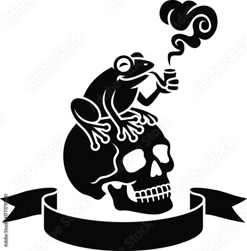 Frog sitting smoking pipe on human skull with ribbon banner design.