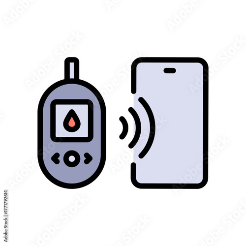 Smartphone blood glucose meter with mobile app. Blood sugar monitoring system color icon isolated on white background flat vector illustration.