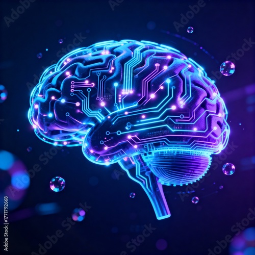 Futuristic artificial intelligence concept with a glowing digital brain and holographic data visualisation. Ideal for technology, innovation, and cyber-related projects.