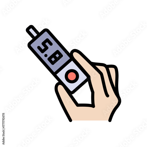 Smartphone blood glucose meter in hand. Blood sugar monitoring system color icon isolated on white background flat vector illustration.