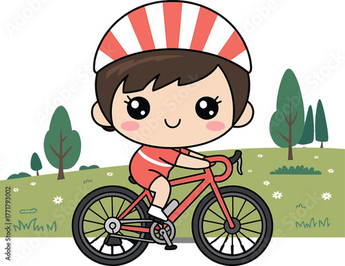 Cute child riding bicycle in park with trees and flowers cycling