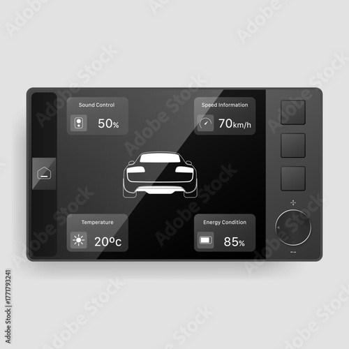 Black tablet style car head unit interface vector showing vehicle information