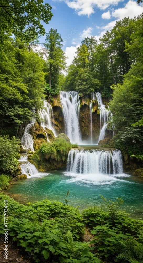 Obraz premium Photorealistic Waterfall with Silky Water and Emerald Foliage. Serene Waterfall Scene with Ethereal Atmosphere. Painterly Waterfall in an Untouched Natural Setting.