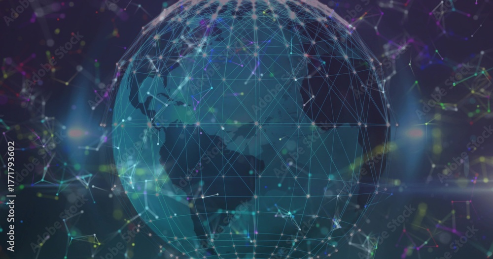 Fototapeta premium Spinning digital Earth globe hovering in virtual data network space, with glowing mesh and nodes