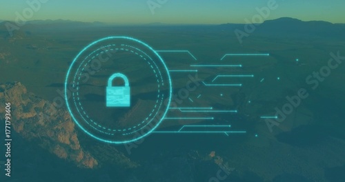 Concentric padlock interface graphic glowing over desert plateau, with luminous cyan circuit lines