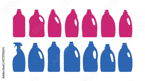 Collection of design features for detergent bottles in various colors