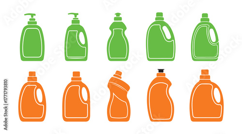 Set of design aspects for detergent bottles in a rainbow of colors
