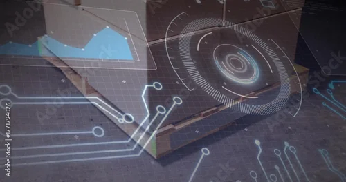 Fototapeta Displaying cardboard pizza box showcasing holographic HUD projections on wood tabletop, AR demo