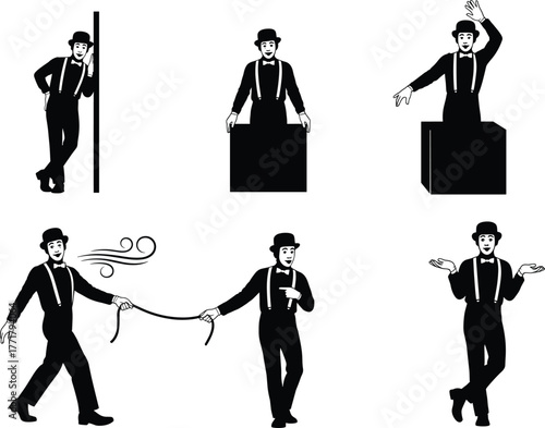 Vintage mime man silhouettes in bowler hat, expressive poses, black-and-white illustration, theatrical gesture art, retro character design concept
